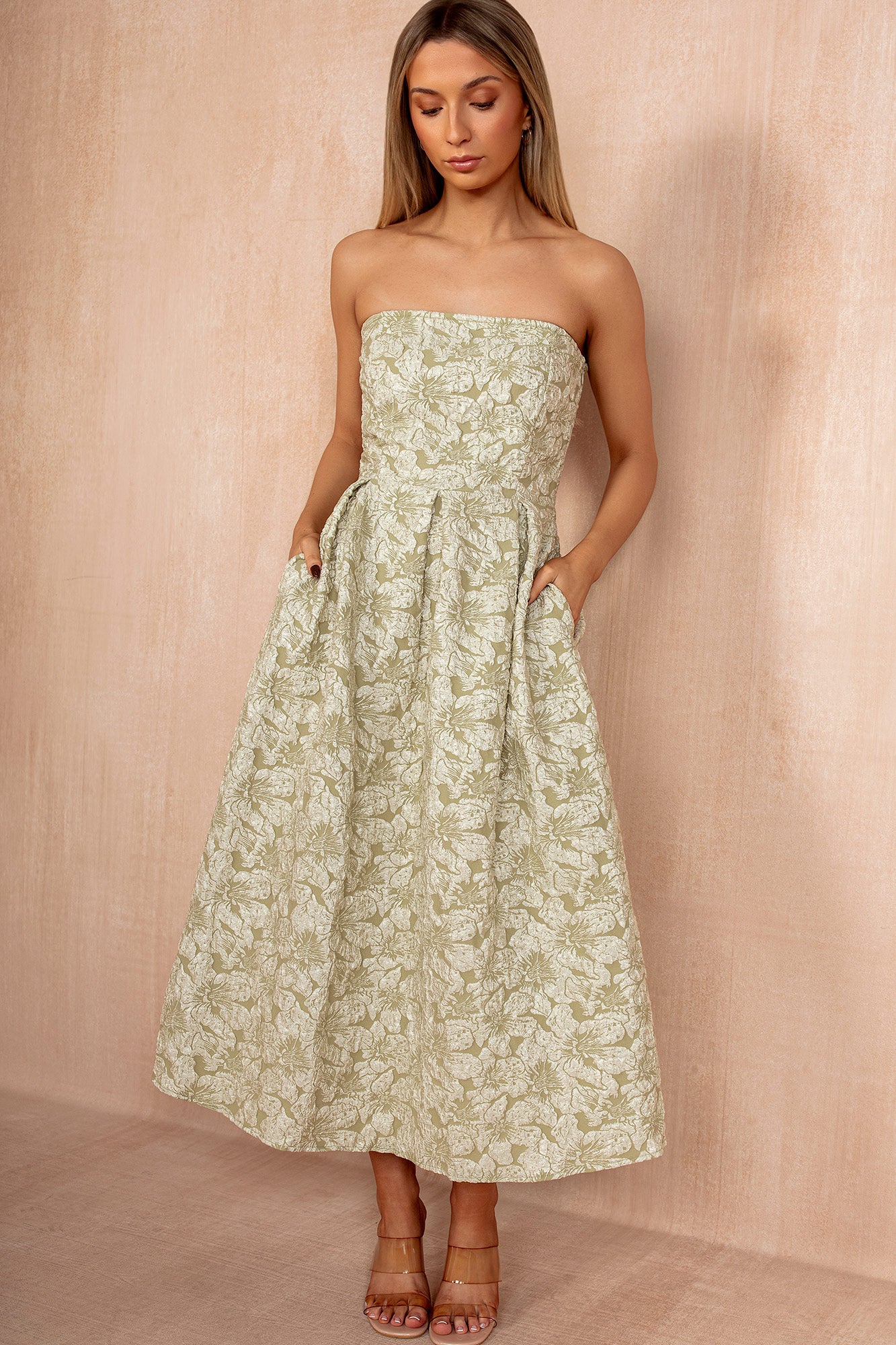 Fiadh Sage Floral Jacquard Bandeau Midi Dress