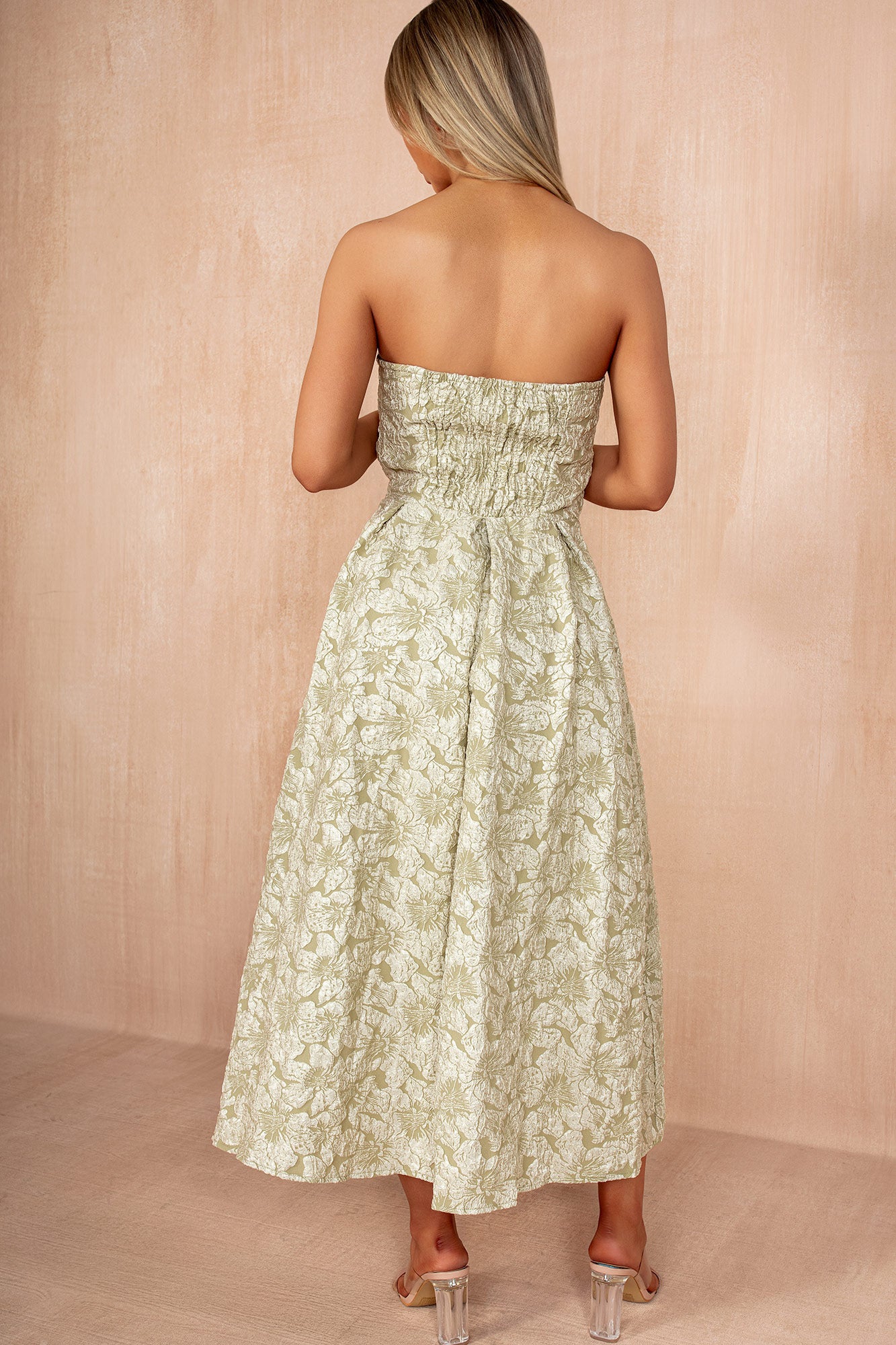 Fiadh Sage Floral Jacquard Bandeau Midi Dress