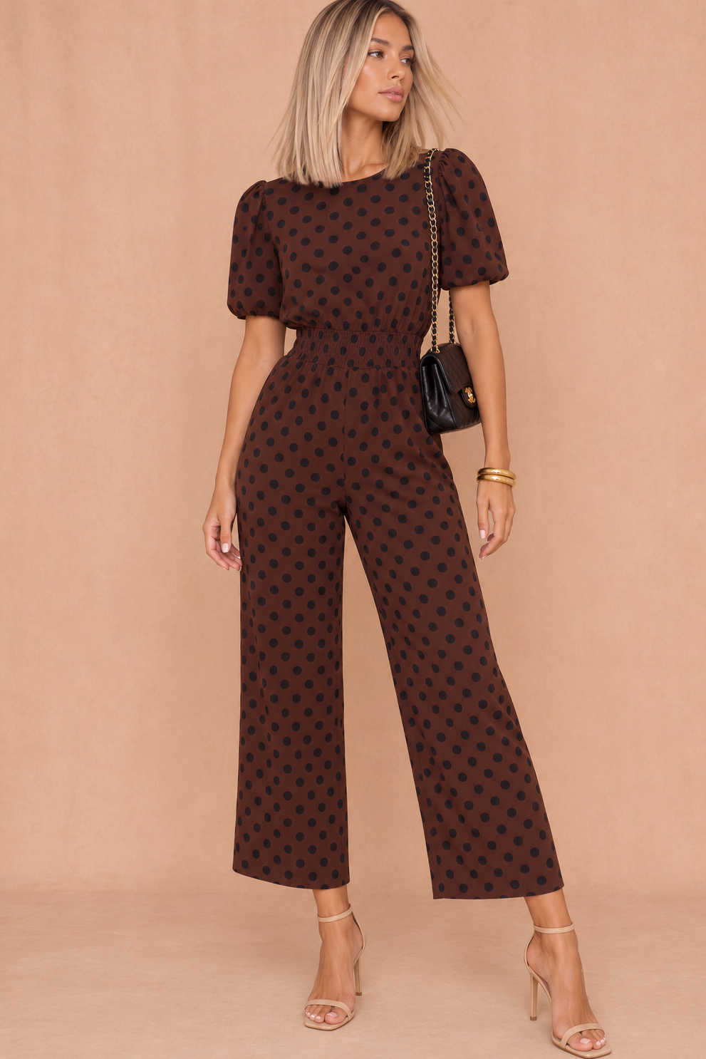 Fiona Chocolate Polka Dot Puff Sleeve Culotte Jumpsuit