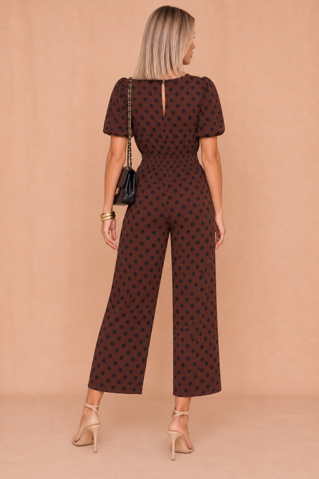 Fiona Chocolate Polka Dot Puff Sleeve Culotte Jumpsuit