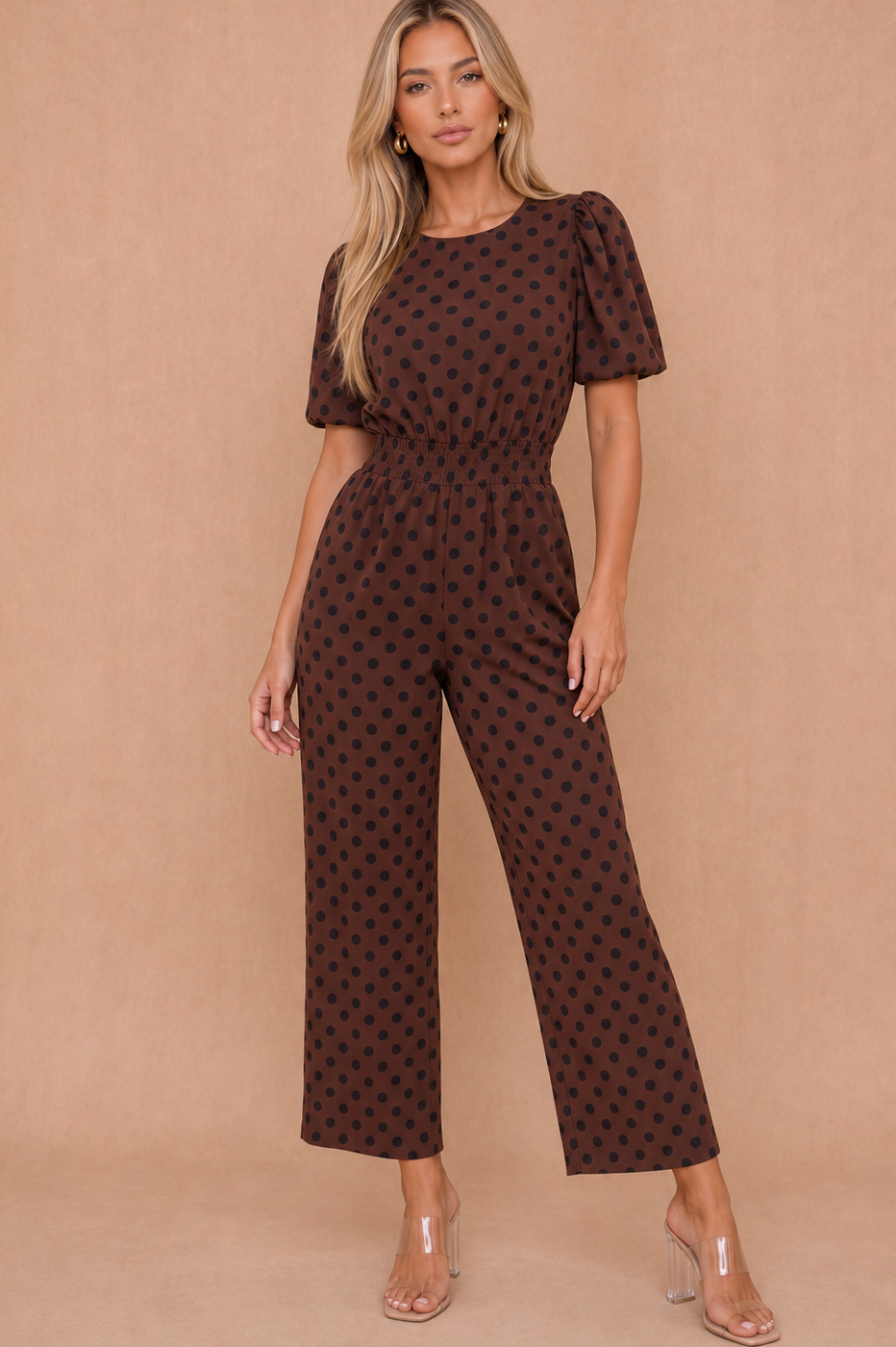Fiona Chocolate Polka Dot Puff Sleeve Culotte Jumpsuit