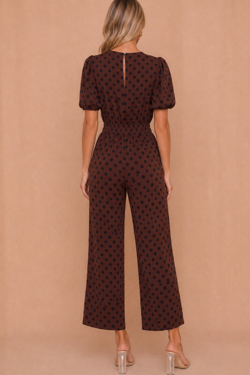 Fiona Chocolate Polka Dot Puff Sleeve Culotte Jumpsuit