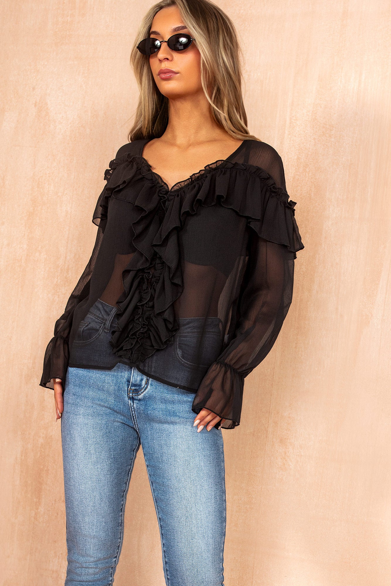 Fiorella Black Chiffon Ruffle Blouse