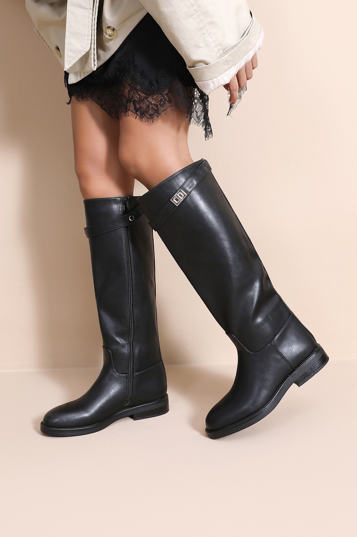 Flora Black Faux Leather Knee High Boots