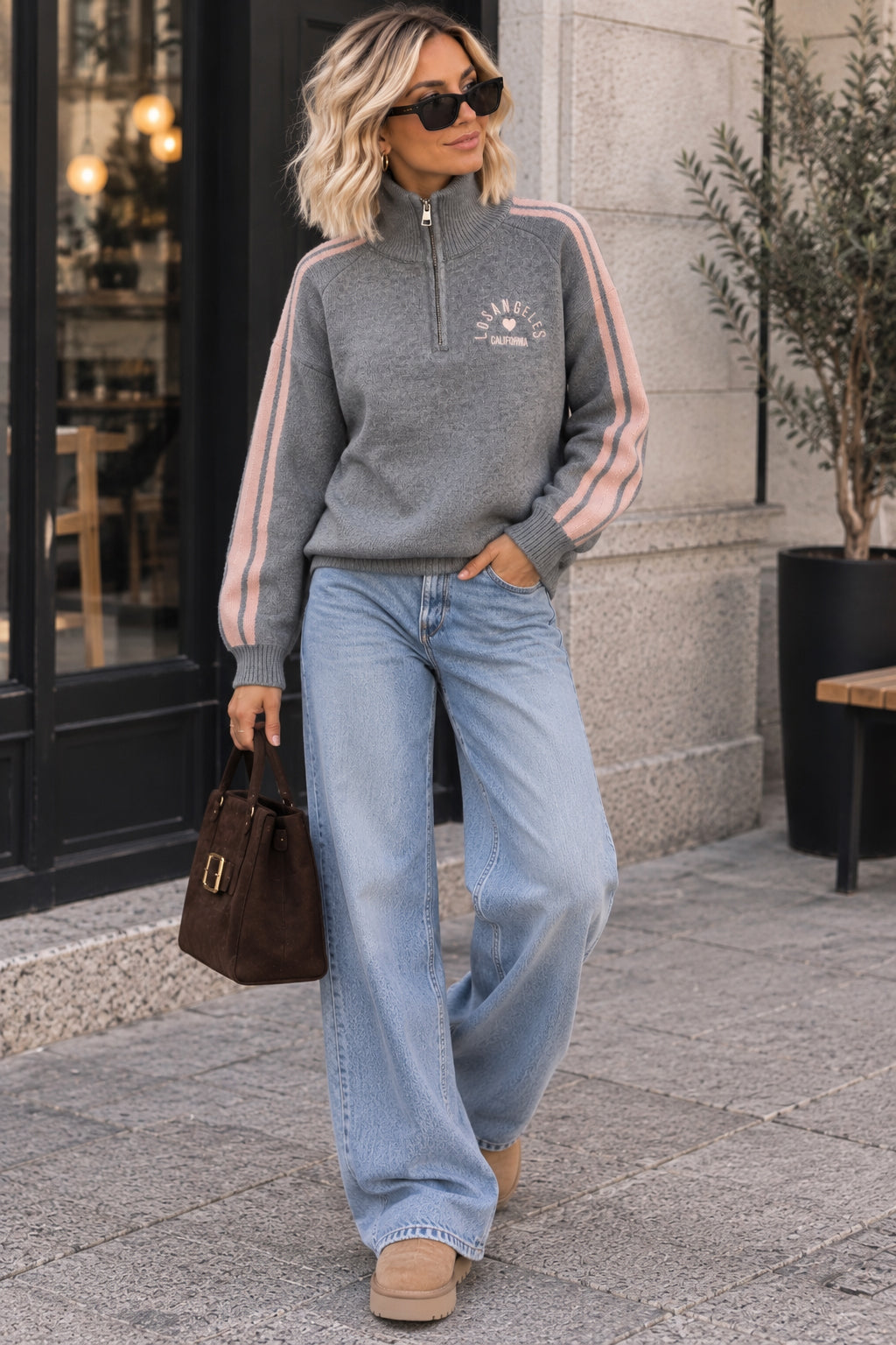 Florencia Grey Knit 'Los Angeles' Half Zip Jumper
