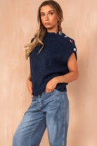 Floris Navy Knit Sleeveless Jewel Jumper