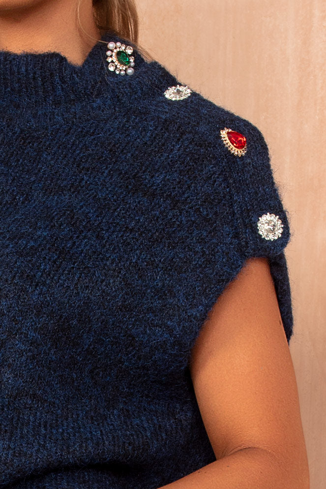 Floris Navy Knit Sleeveless Jewel Jumper