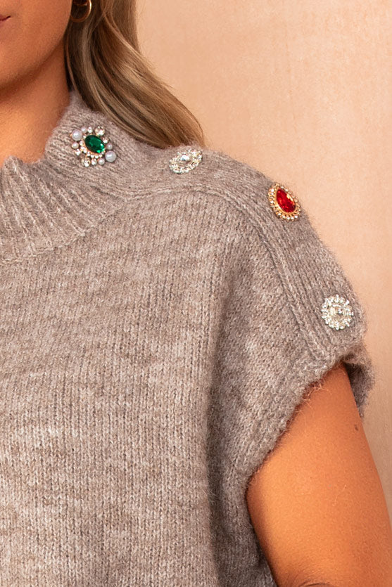 Floris Taupe Knit Sleeveless Jewel Jumper