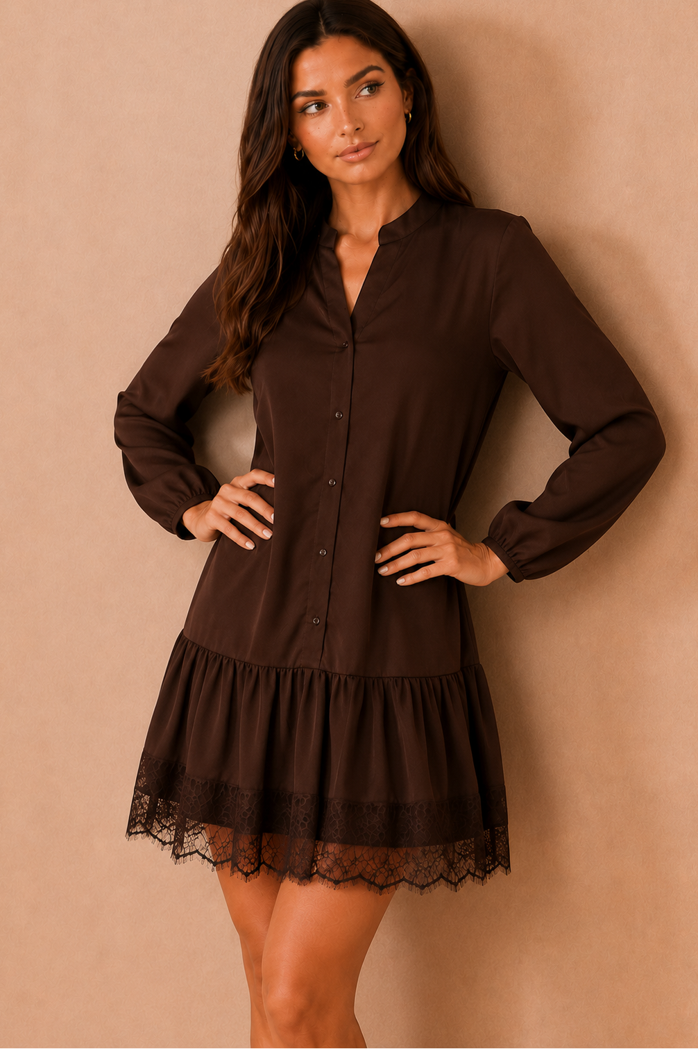 Flossie Chocolate Lace Hem Smock Shirt Dress