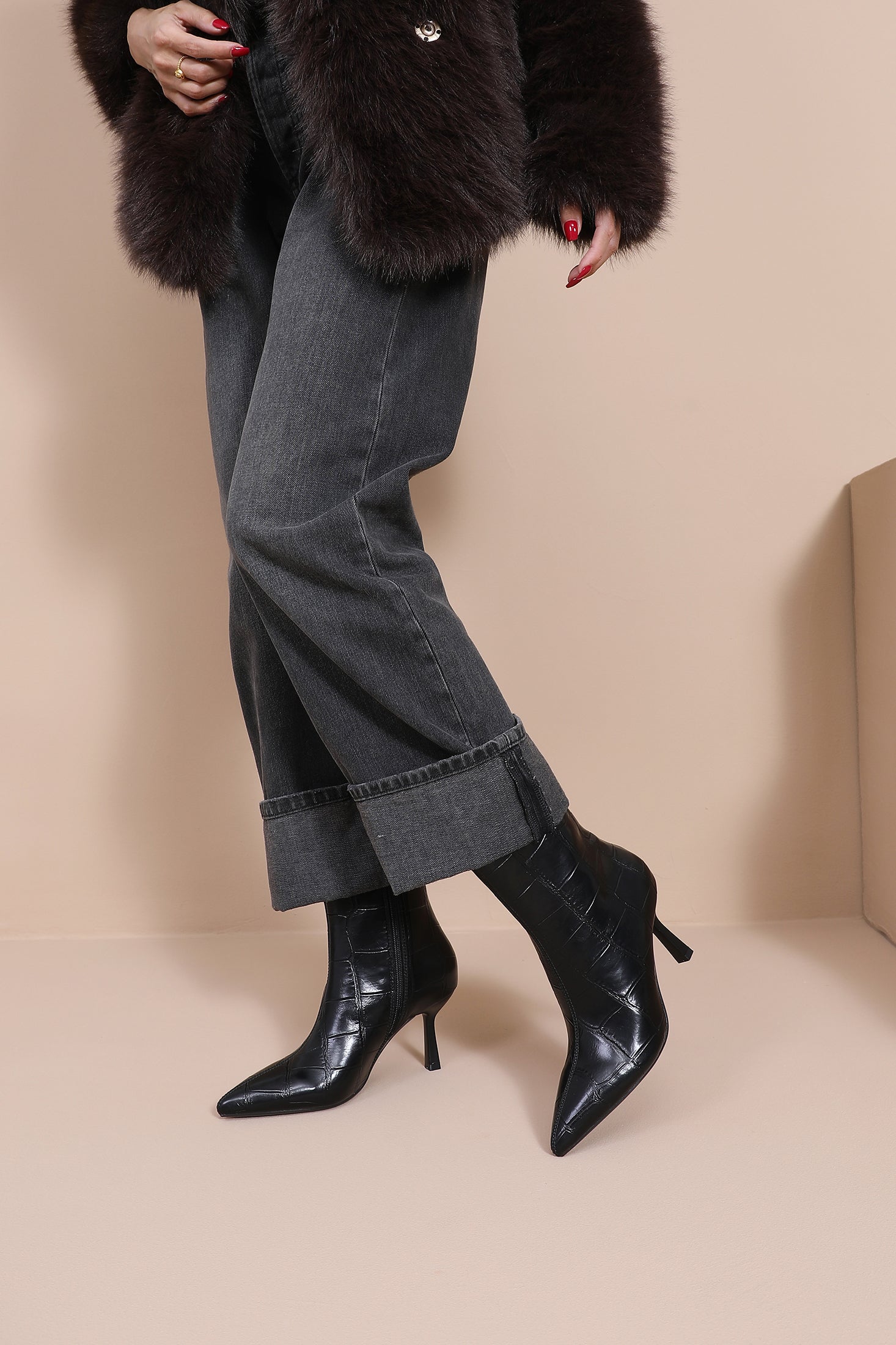 Flynn Black PU Croc Ankle Boots
