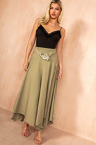Frankie Green Asymmetrical Belted Midi Skirt
