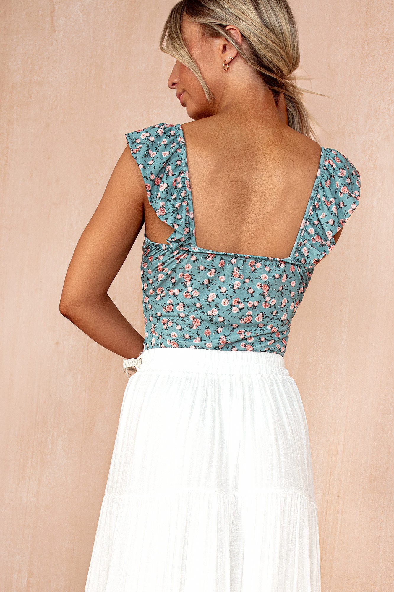 Frankie Sage Ditsy Print Frill Sleeve Bodysuit
