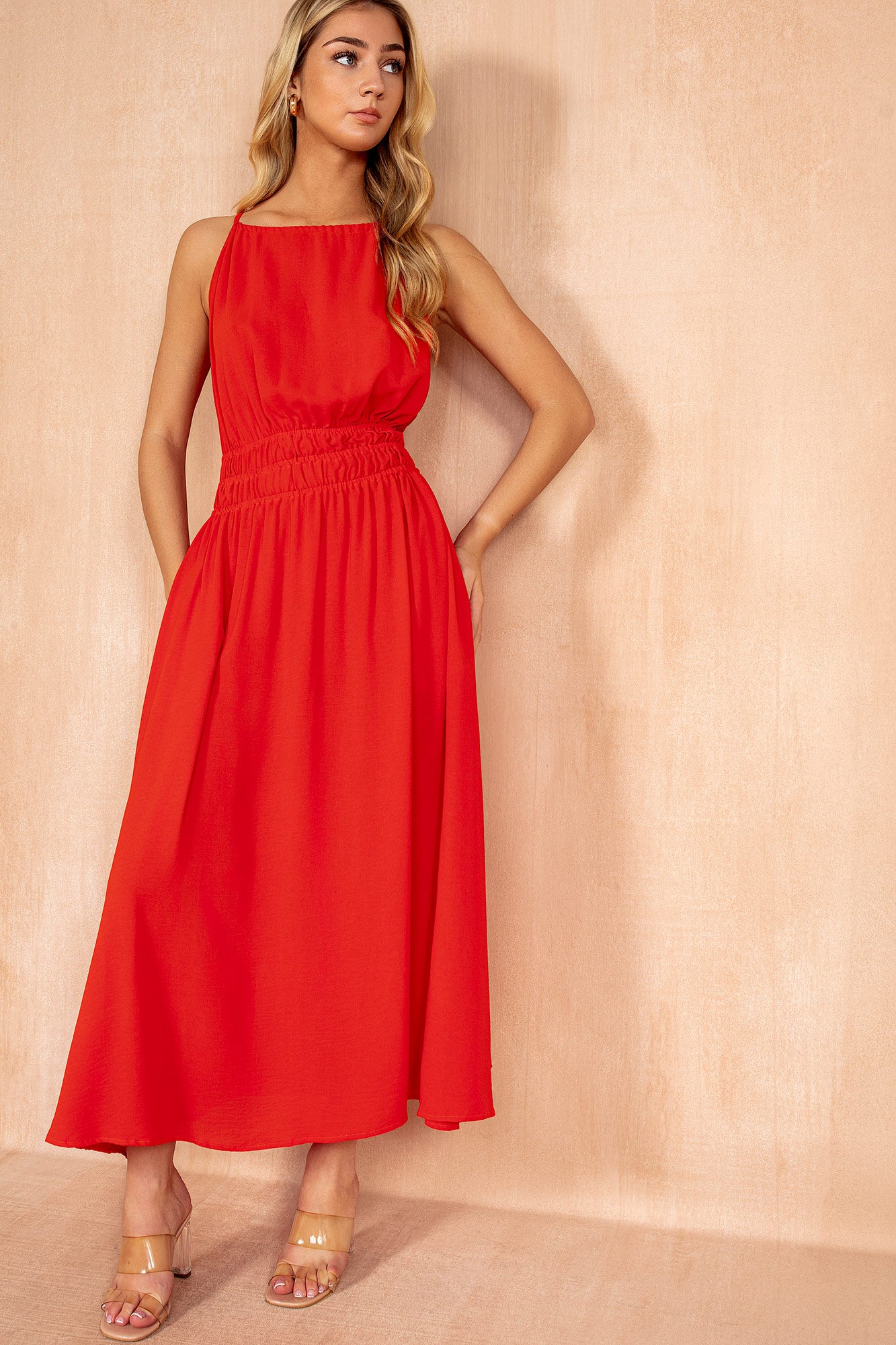 Freya Burnt Orange Racer Neck Midi Dress