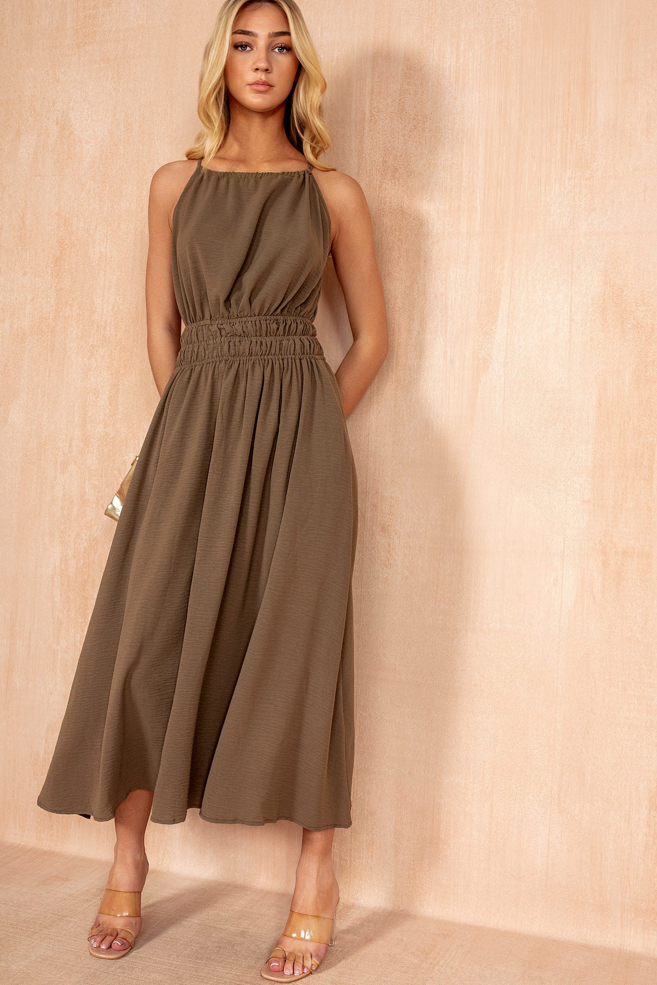 Freya Khaki Racer Neck Midi Dress