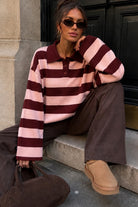 Gabriela Burgundy & Pink Knit Striped Polo Top