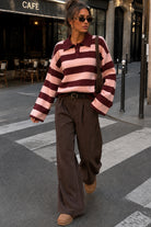 Gabriela Burgundy & Pink Knit Striped Polo Top