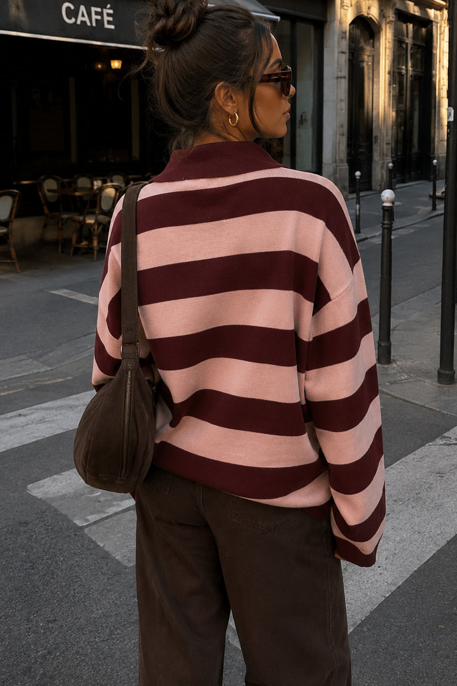 Gabriela Burgundy & Pink Knit Striped Polo Top