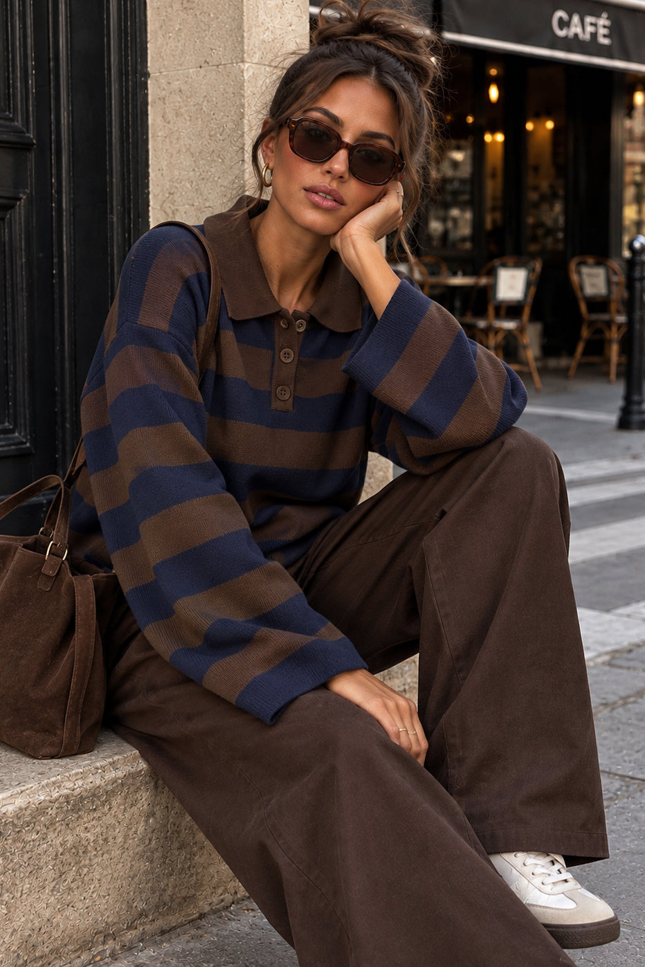 Gabriela Navy & Chocolate Knit Striped Polo Top