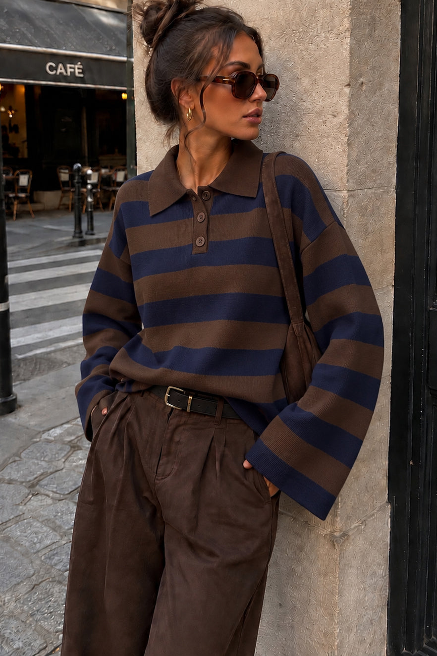 Gabriela Navy & Chocolate Knit Striped Polo Top