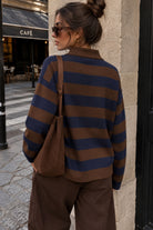 Gabriela Navy & Chocolate Knit Striped Polo Top