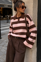 Gabriela Pink & Chocolate Knit Striped Polo Top