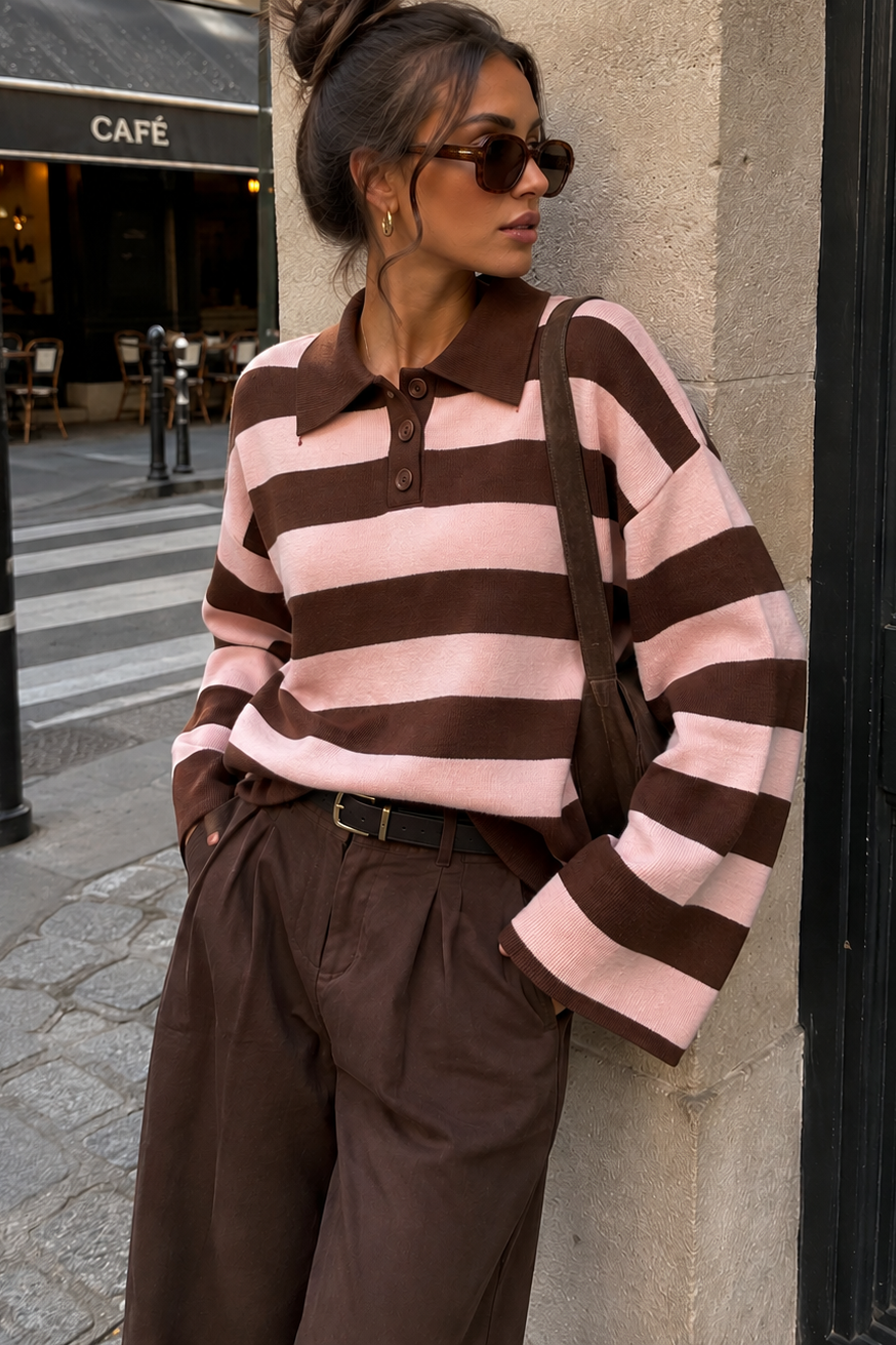 Gabriela Pink & Chocolate Knit Striped Polo Top