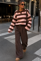 Gabriela Pink & Chocolate Knit Striped Polo Top