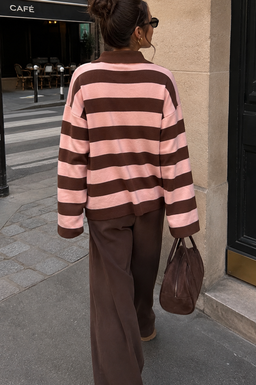 Gabriela Pink & Chocolate Knit Striped Polo Top