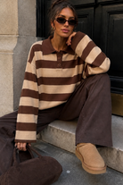Gabriela Stone & Chocolate Knit Striped Polo Top