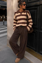 Gabriela Stone & Chocolate Knit Striped Polo Top