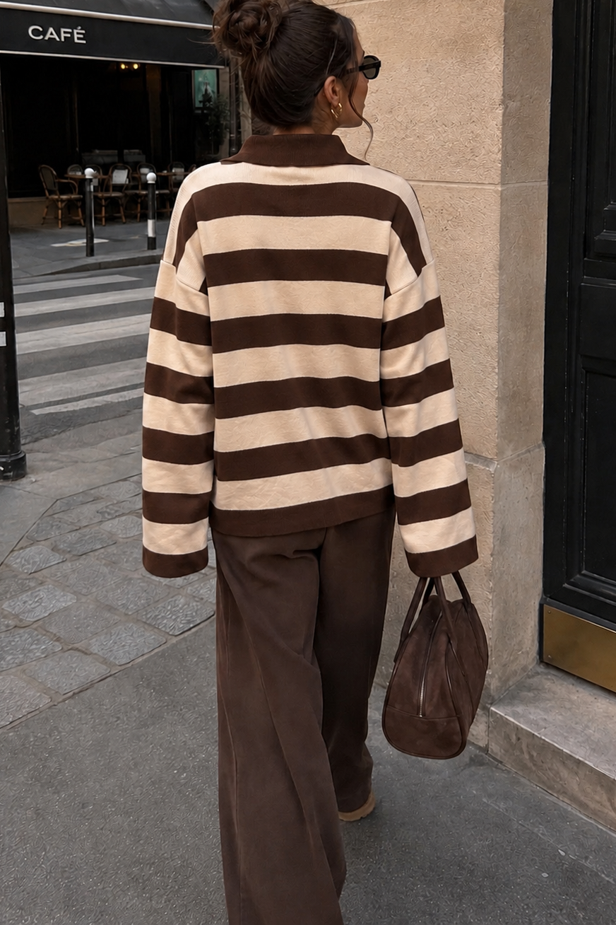 Gabriela Stone & Chocolate Knit Striped Polo Top