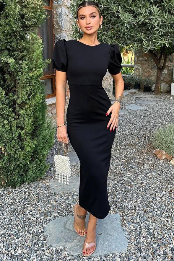 Gabrielle Black Puff Sleeve Midi Dress