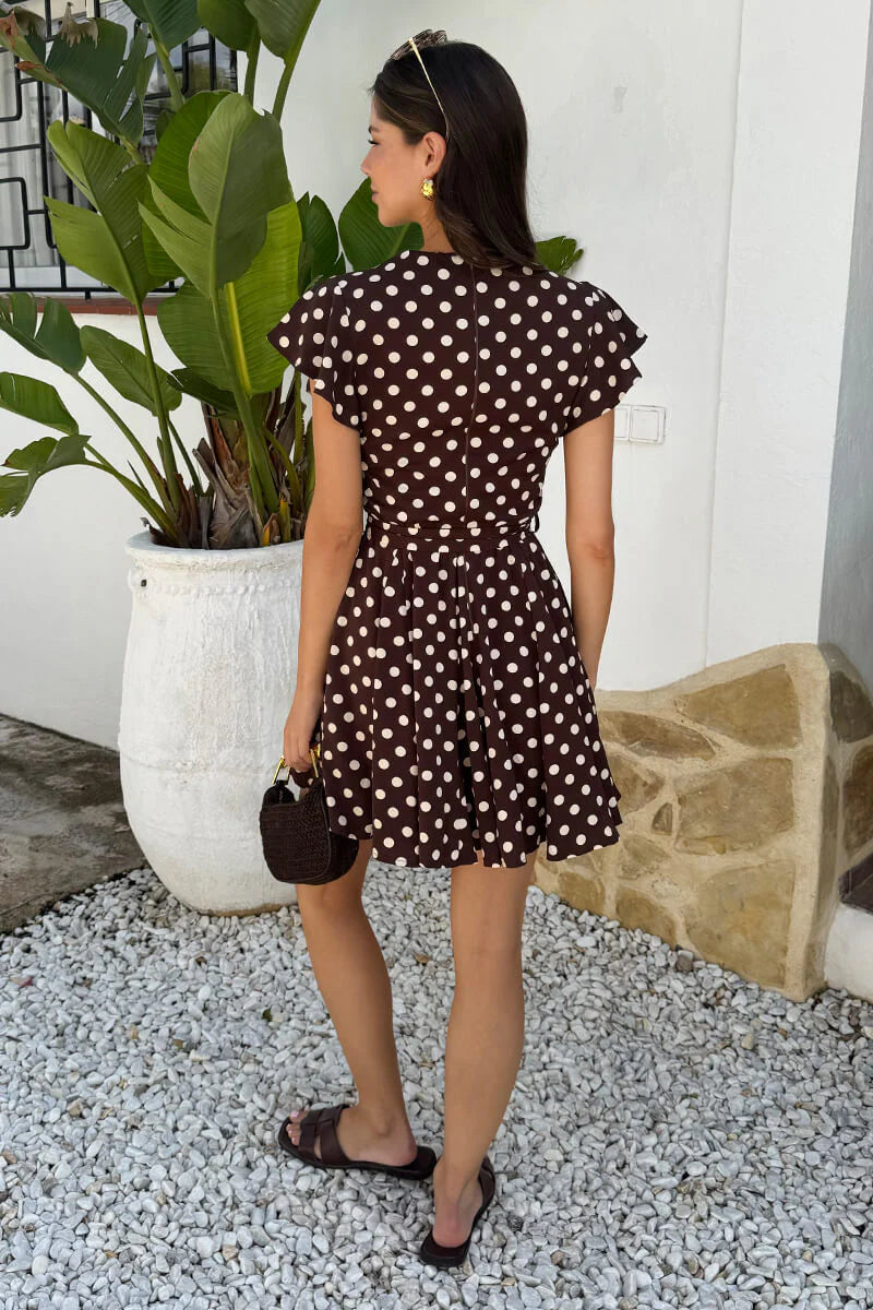 Gia Chocolate Polka Dot Print Wrap Top Mini Dress  Vavavoom.ie