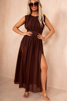 Giada Chocolate Chiffon Pleated Maxi Dress