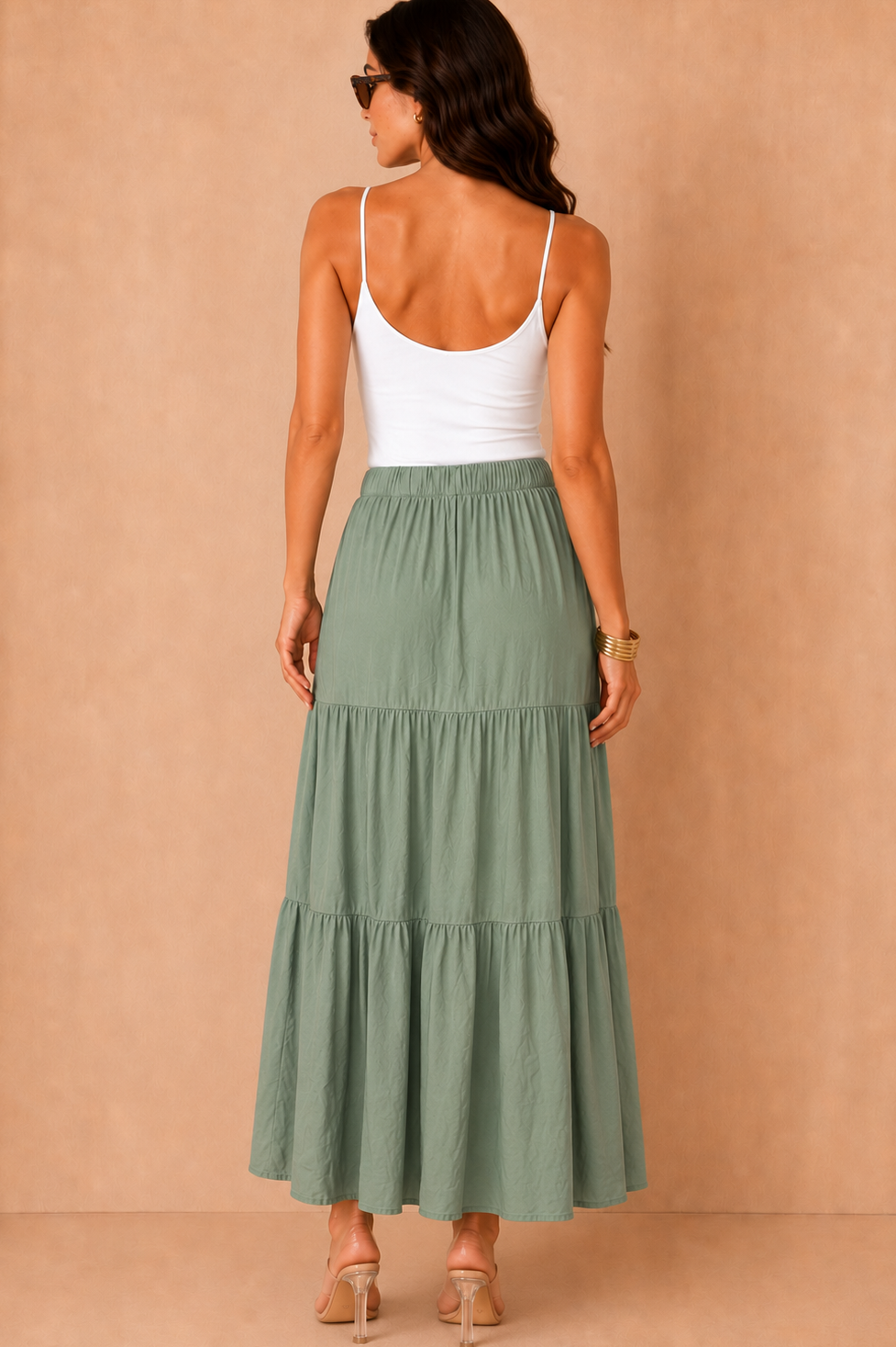 Gigi Khaki Tiered Boho Maxi Skirt