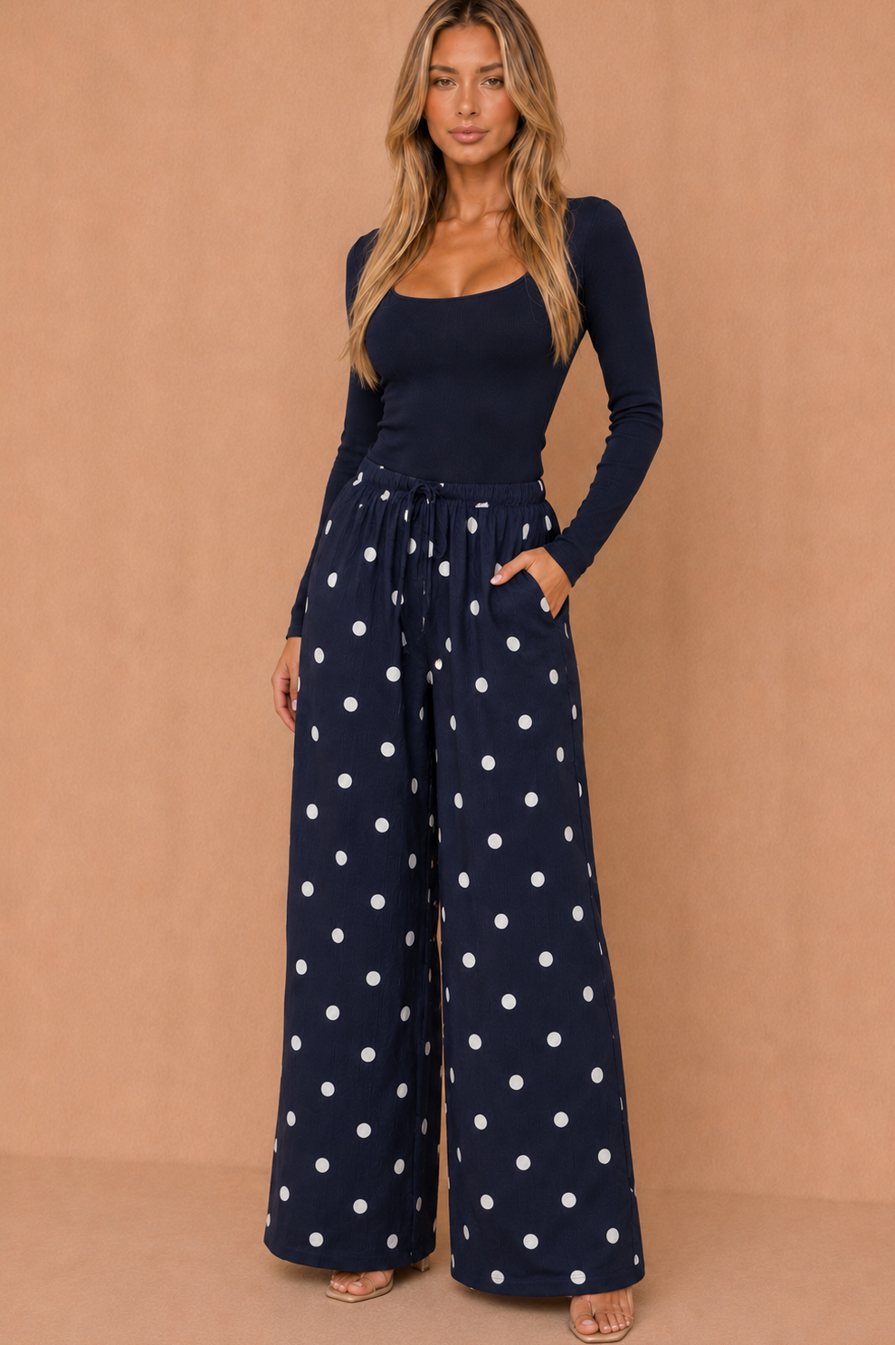 Gillian Navy Polka dot Wide Leg Trousers