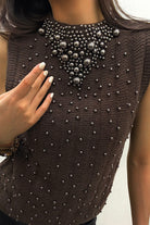 Giovanna Chocolate Knit Pearl Embellished Tank Top
