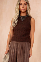 Giovanna Chocolate Knit Pearl Embellished Tank Top