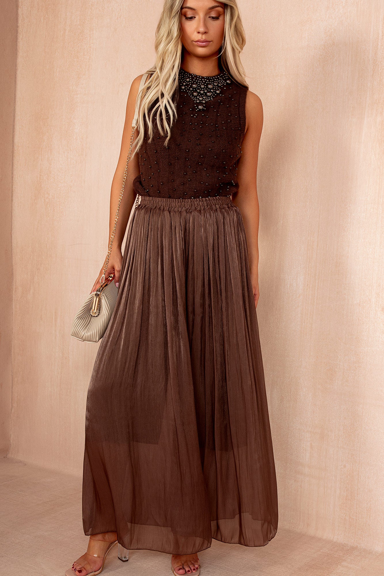Giovanna Chocolate Knit Pearl Embellished Tank Top
