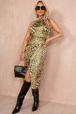 Girl In Mind Alessia Green Satin Animal Print Dress