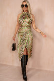 Girl In Mind Alessia Green Satin Animal Print Dress