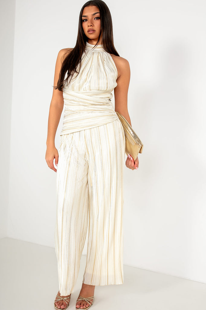 Girl In Mind Gwen Cream and Gold Plisse Jumpsuit