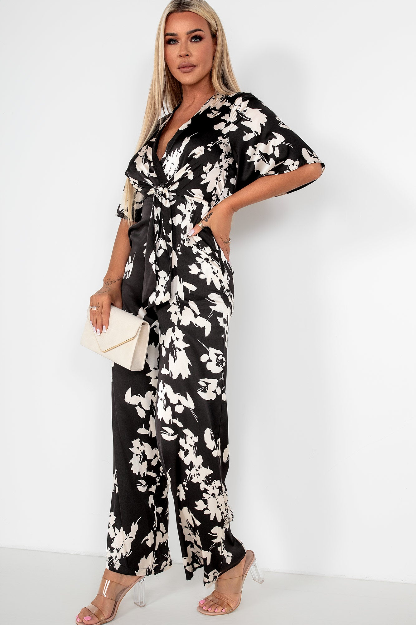 Girl In Mind Viola Monochrome Satin Floral Jumpsuit