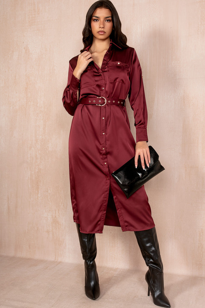 Giselle Burgundy Satin Shirt Dress