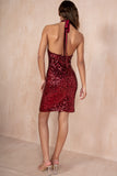 Gladis Burgundy Sequin Halter Neck Dress