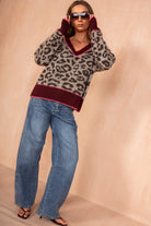 Glenda Burgundy Knit Leopard Print Jumper