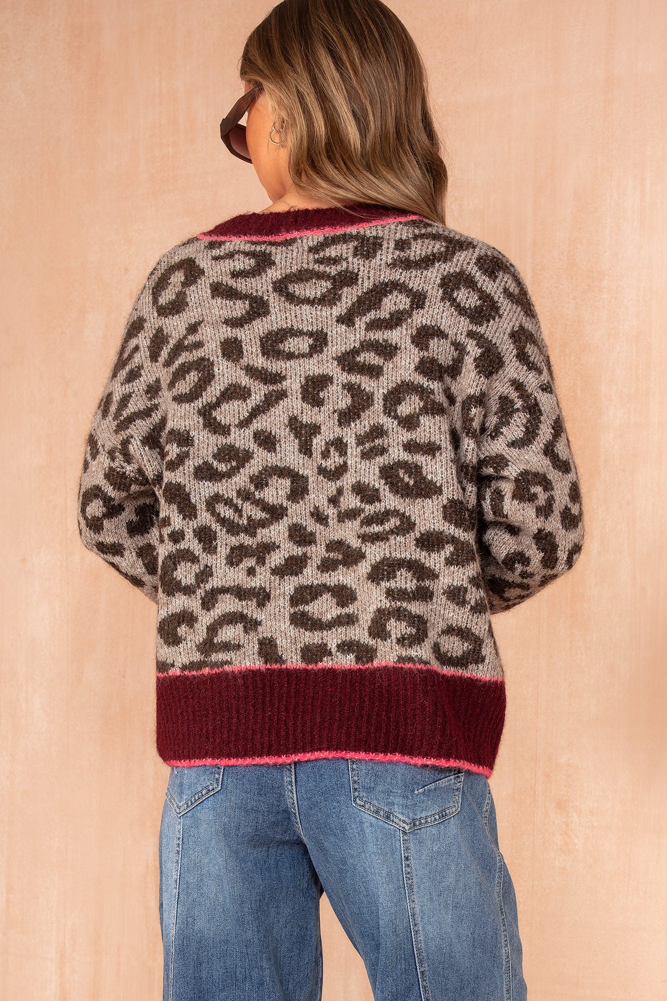 Glenda Burgundy Knit Leopard Print Jumper