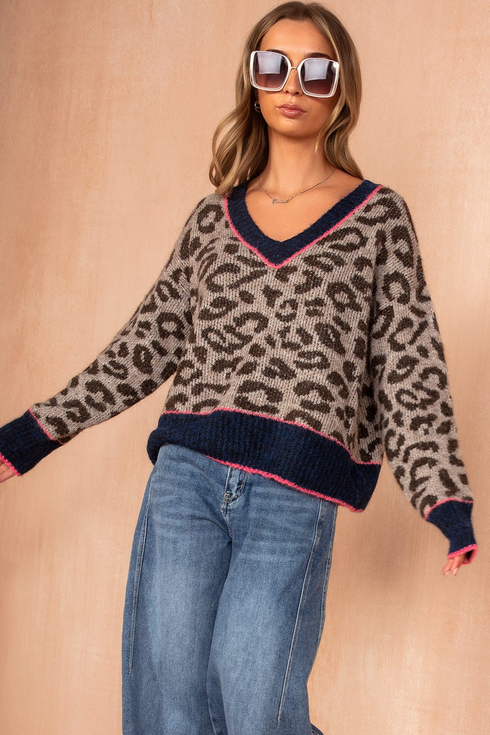 Glenda Navy Knit Leopard Print Jumper
