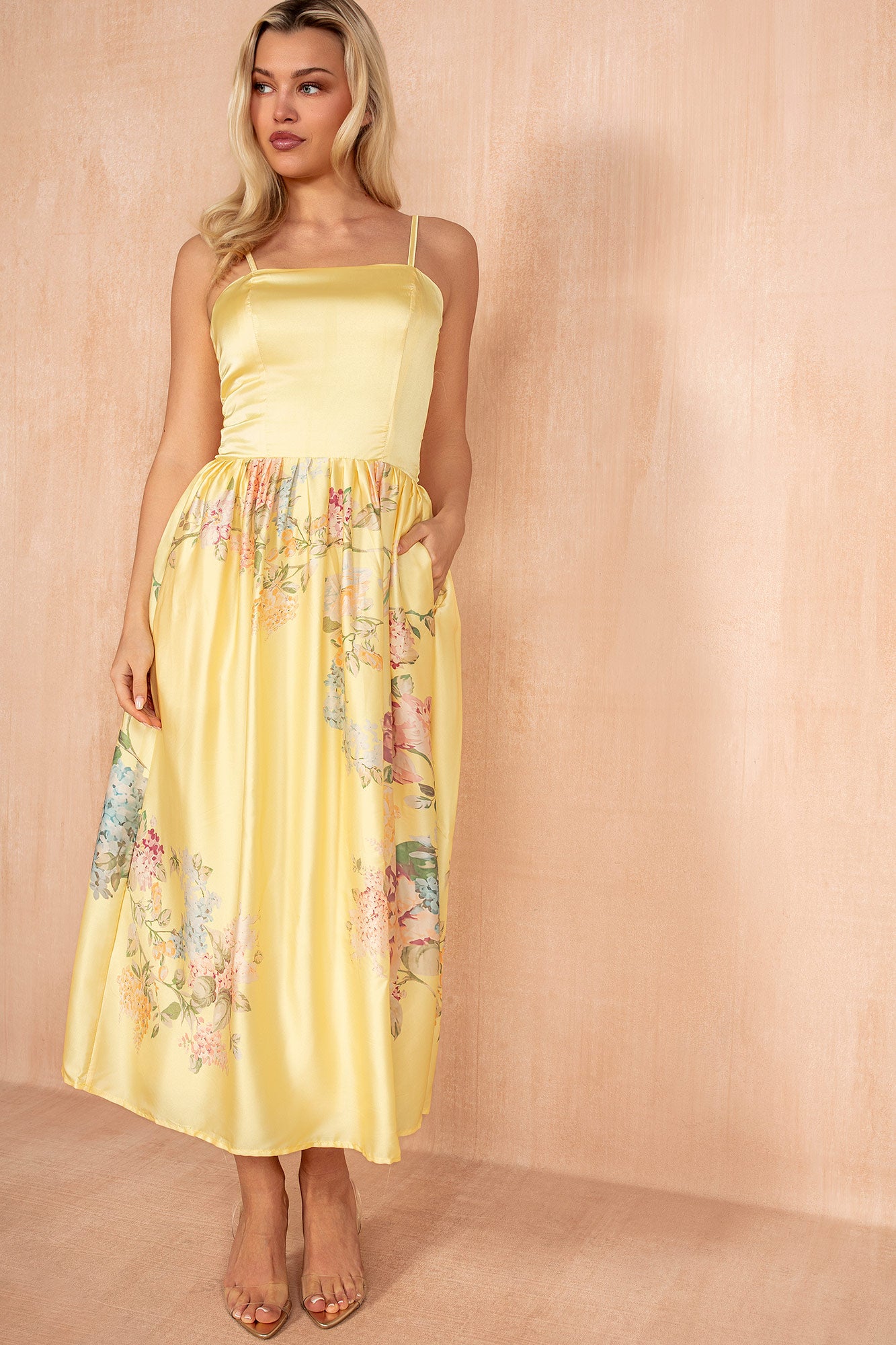 Goldie Soft Yellow Floral Strappy Midi Dress