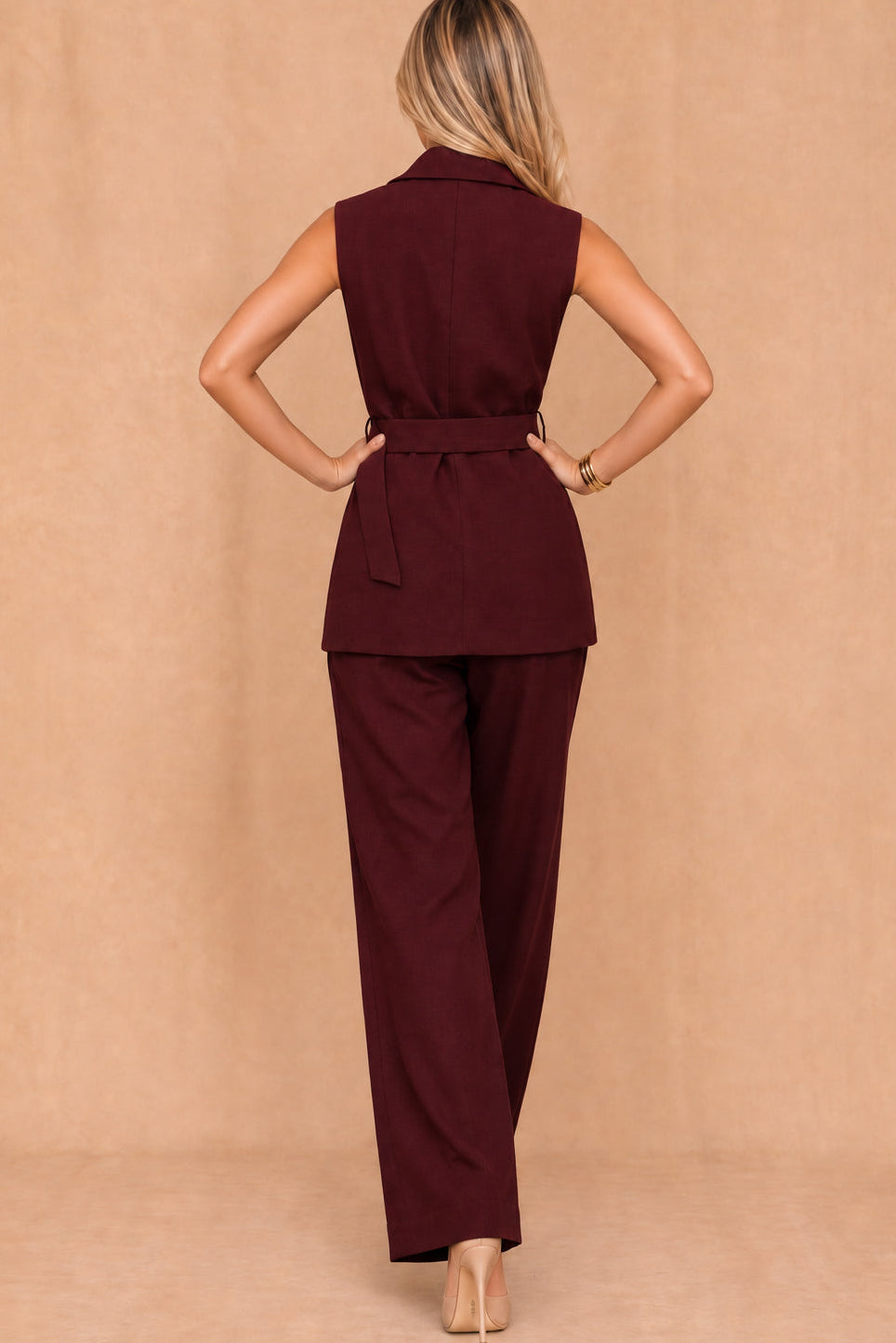 Gracella Burgundy Belted Tailored Waistcoat